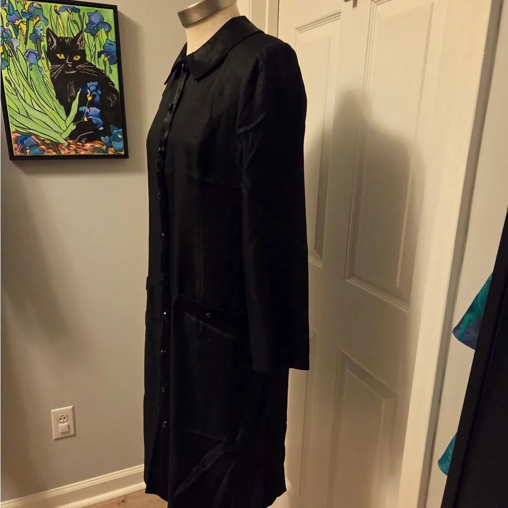 Brownstone Studio Vintage Black Satin Button-Front Long Shirt Dress size 10 - Picture 3 of 4